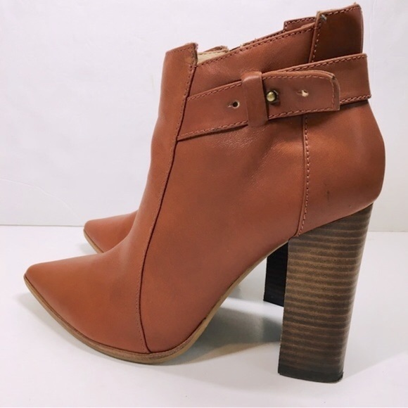 Steven Steve Madden Klick Cognac Leather Pointed Toe Block High Heel Ankle Boots - Picture 14 of 15